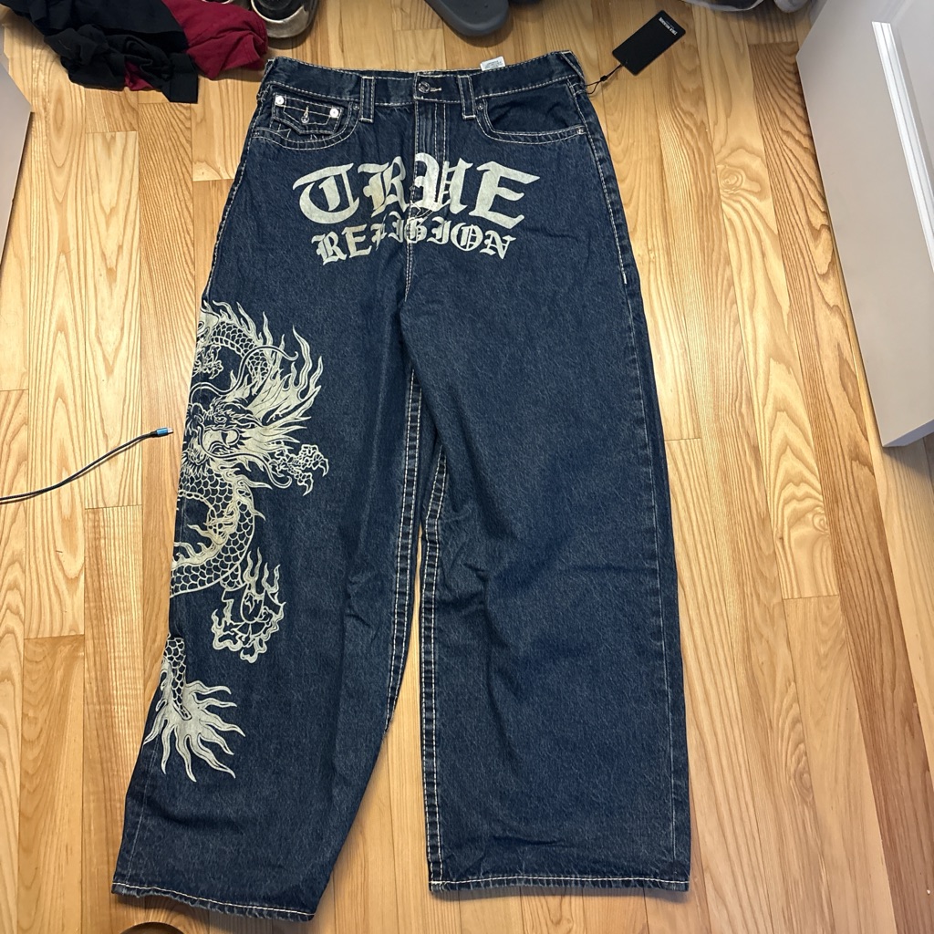 True Religion Dark Blue Jeans With White Dragon